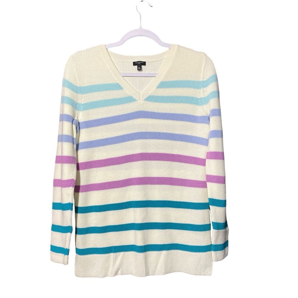 Talbots Mult-Colred Striped V- Neck Ribbed Knit Cotton Sweater Women's Size MP